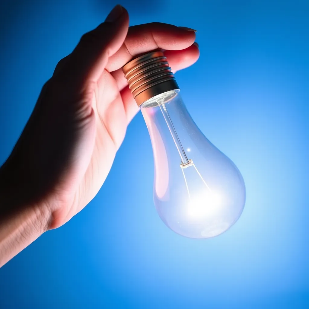 A person safely touching a lit LED light bulb