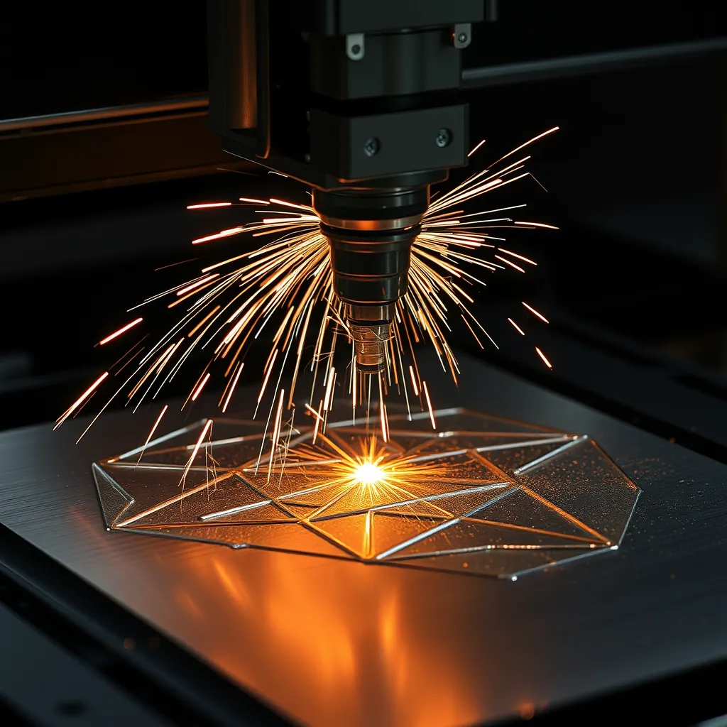 High-power laser cutting a metal sheet in an industrial setting
