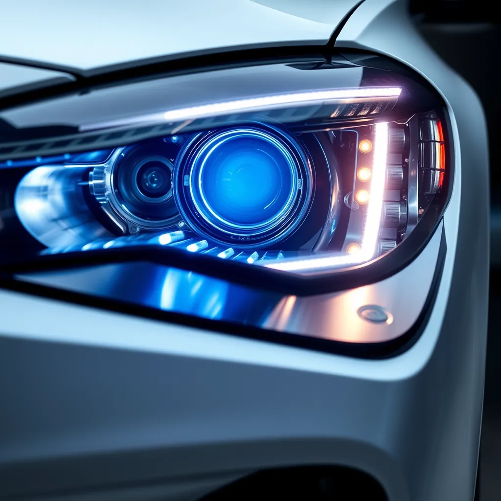 Close-up of a modern automotive laser headlight assembly