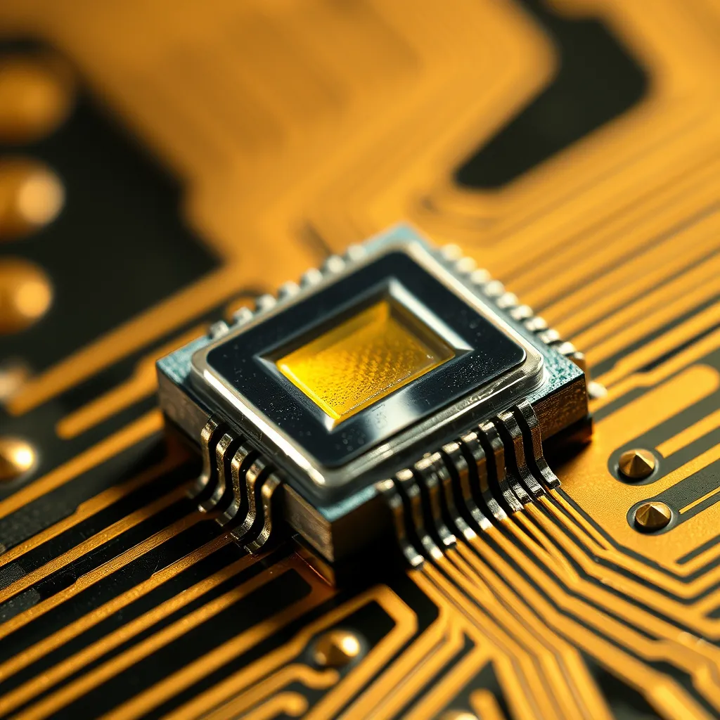 Close-up of a semiconductor LED chip on a circuit board