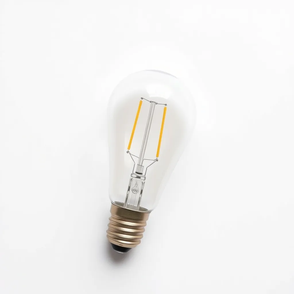 A clear glass LED bulb showing yellow filament strips on a plain white surface.