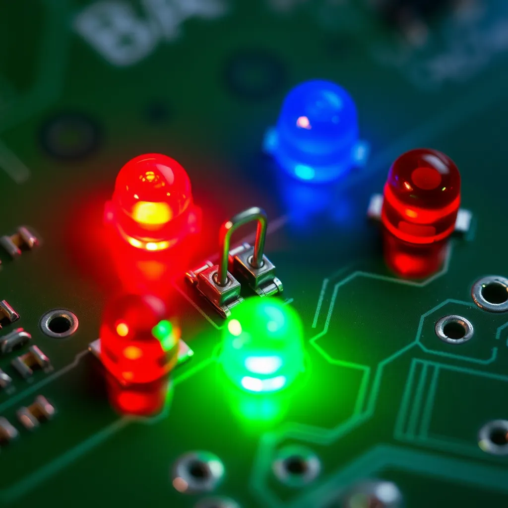 Close-up macro view of small red, green, and blue LED components on a circuit board.