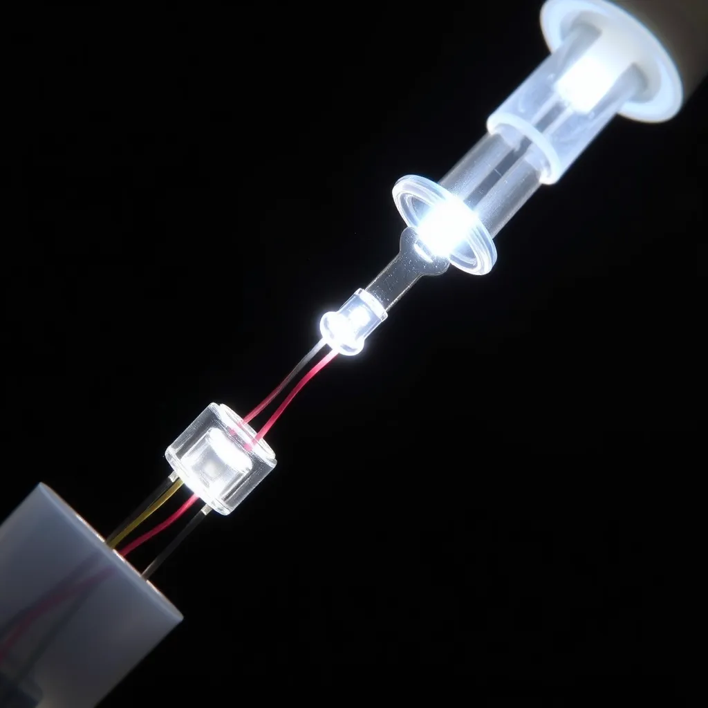 A macro shot of a transparent 5mm LED showing its internal structure.