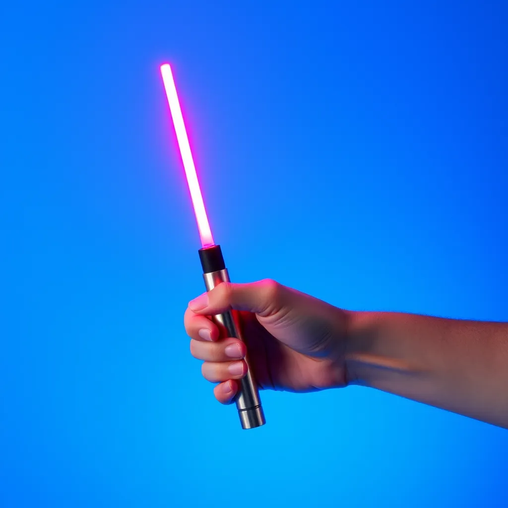 A portable handheld LED light therapy wand resting on a solid blue background.