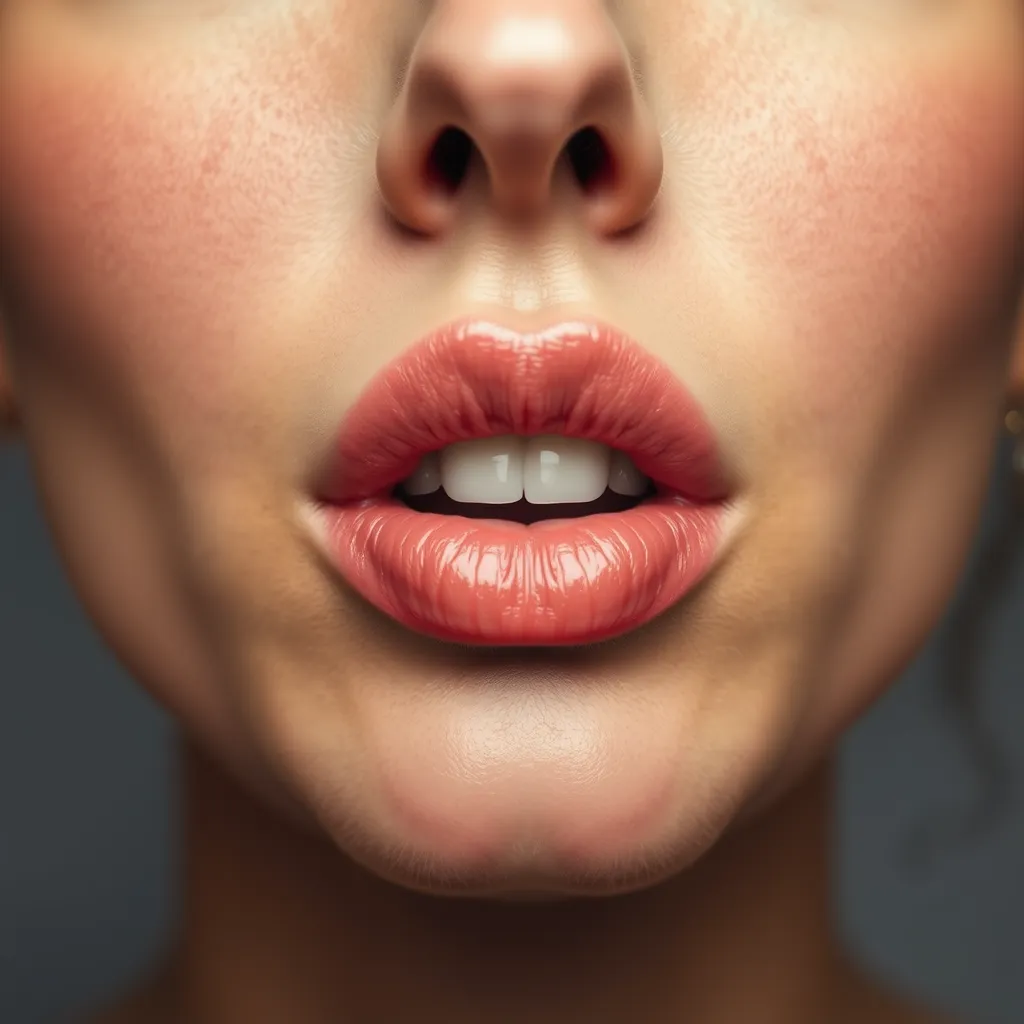 Close-up view of a person's mouth and lower face against a neutral gray background.