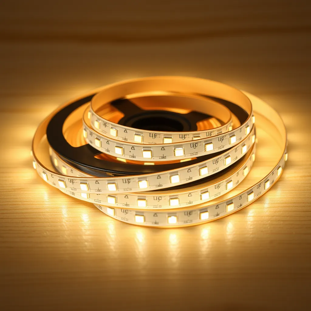 A roll of flexible LED strip lights emitting a warm glow on a wood surface.