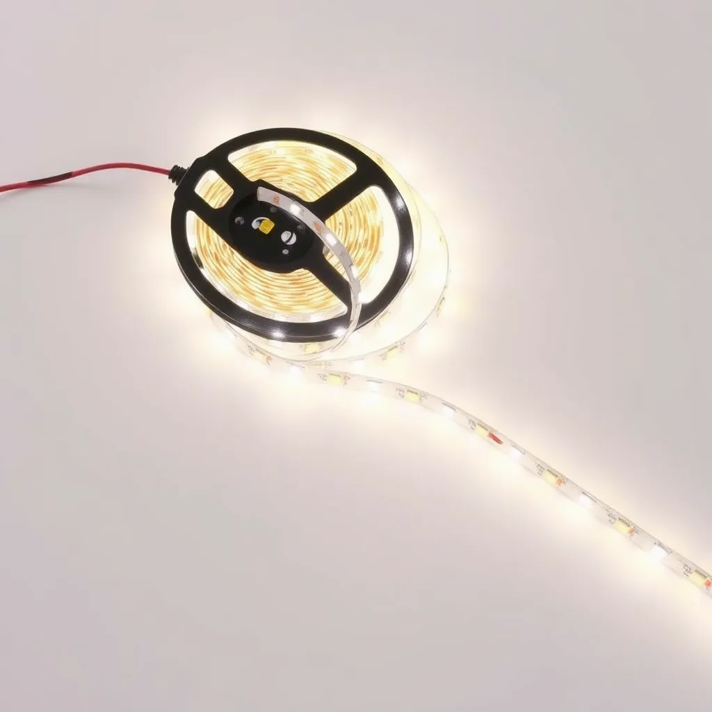 A tightly wound spool of flexible LED strip lighting.
