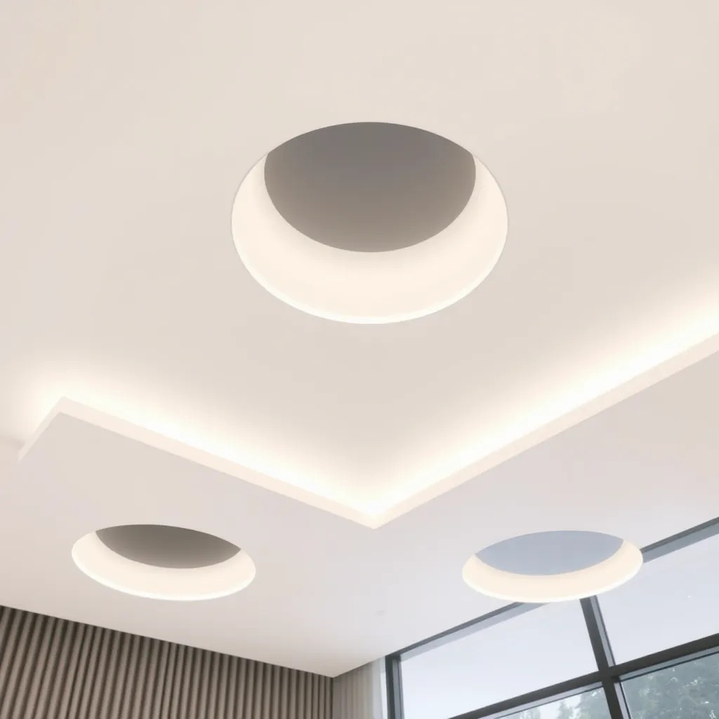 Several recessed LED lights installed in a modern white ceiling.