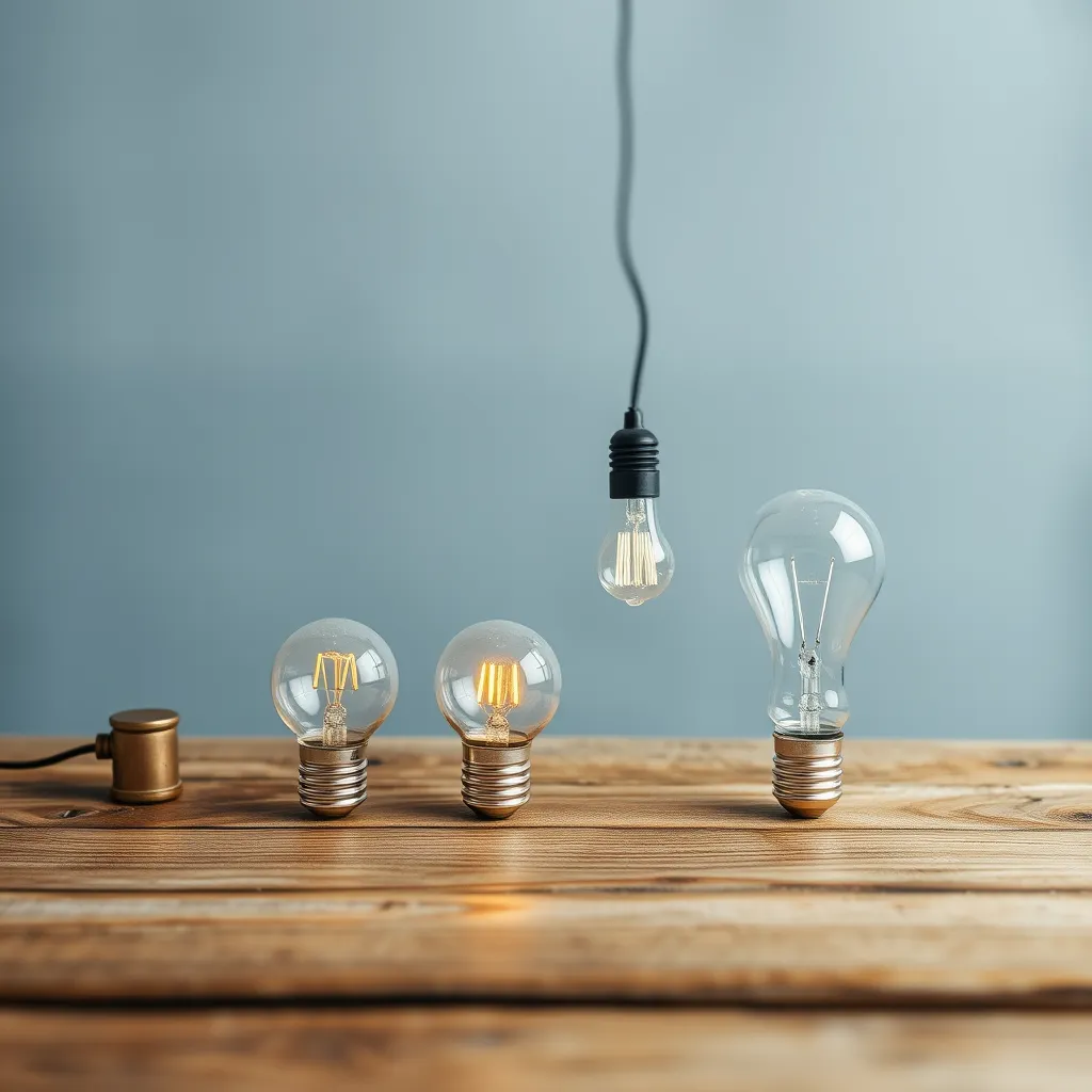 A row of different light bulbs arranged on a simple wooden surface.