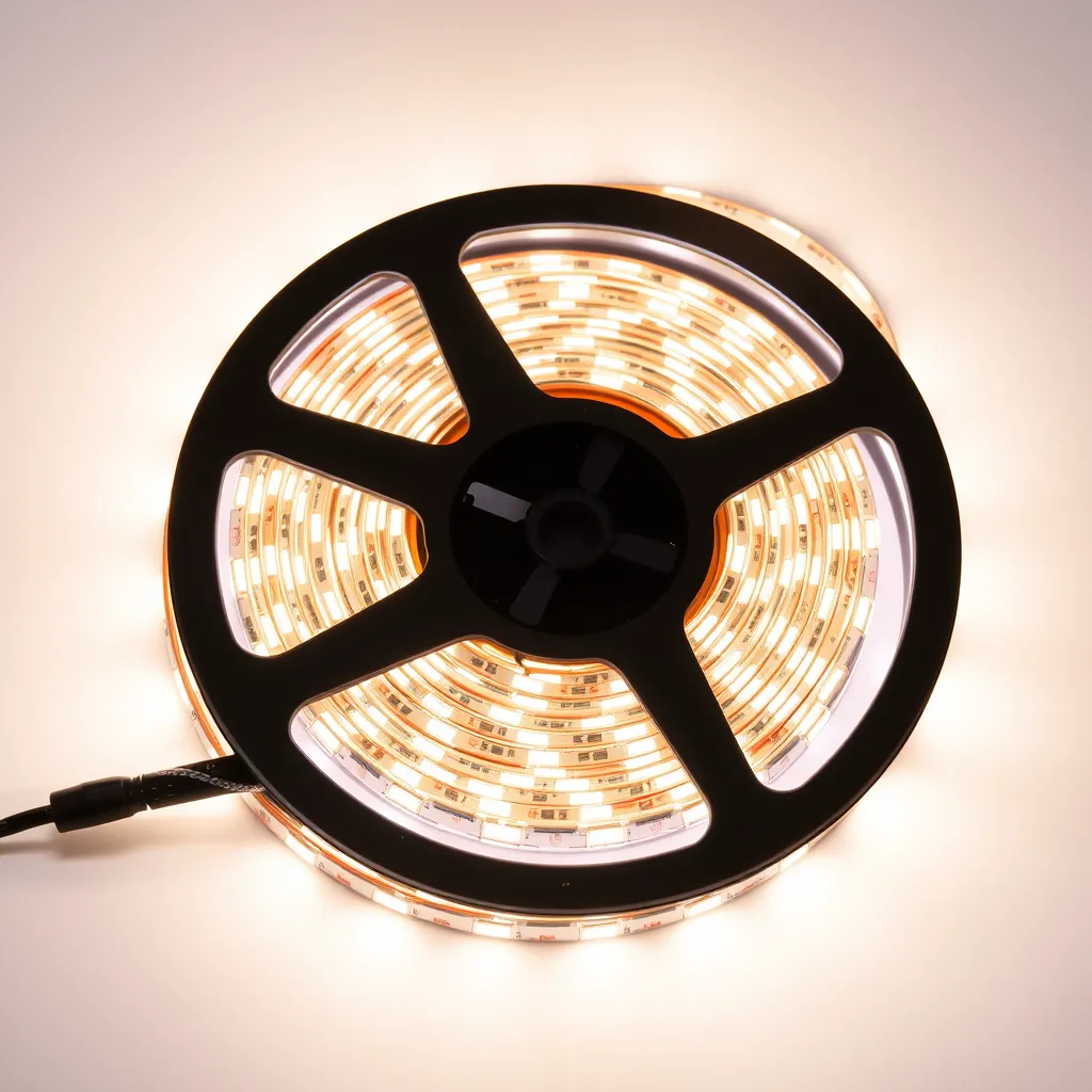 A circular spool of flexible LED tape lights resting on a white background.