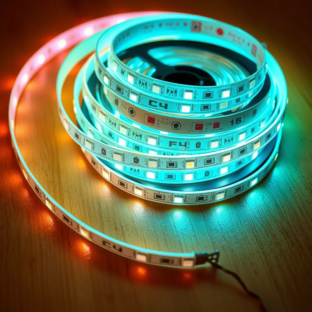 A circular spool of flexible LED strip lighting resting on a natural wood surface.