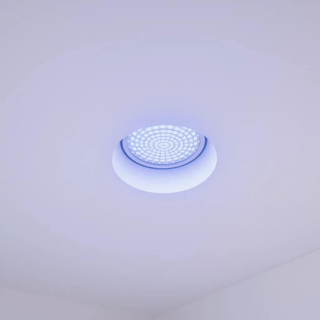 A minimalist circular recessed LED downlight installed in a plain white ceiling.