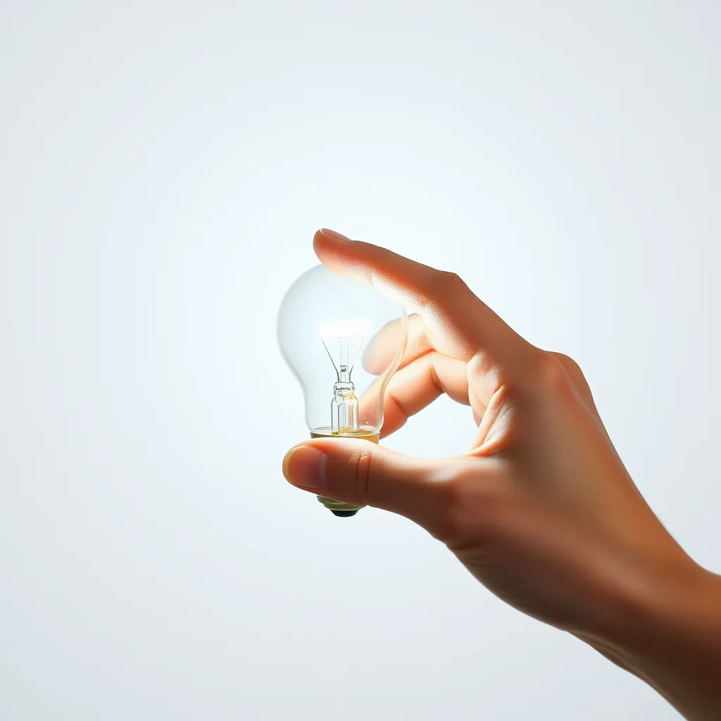 A person's hand safely touching a cool LED light bulb.