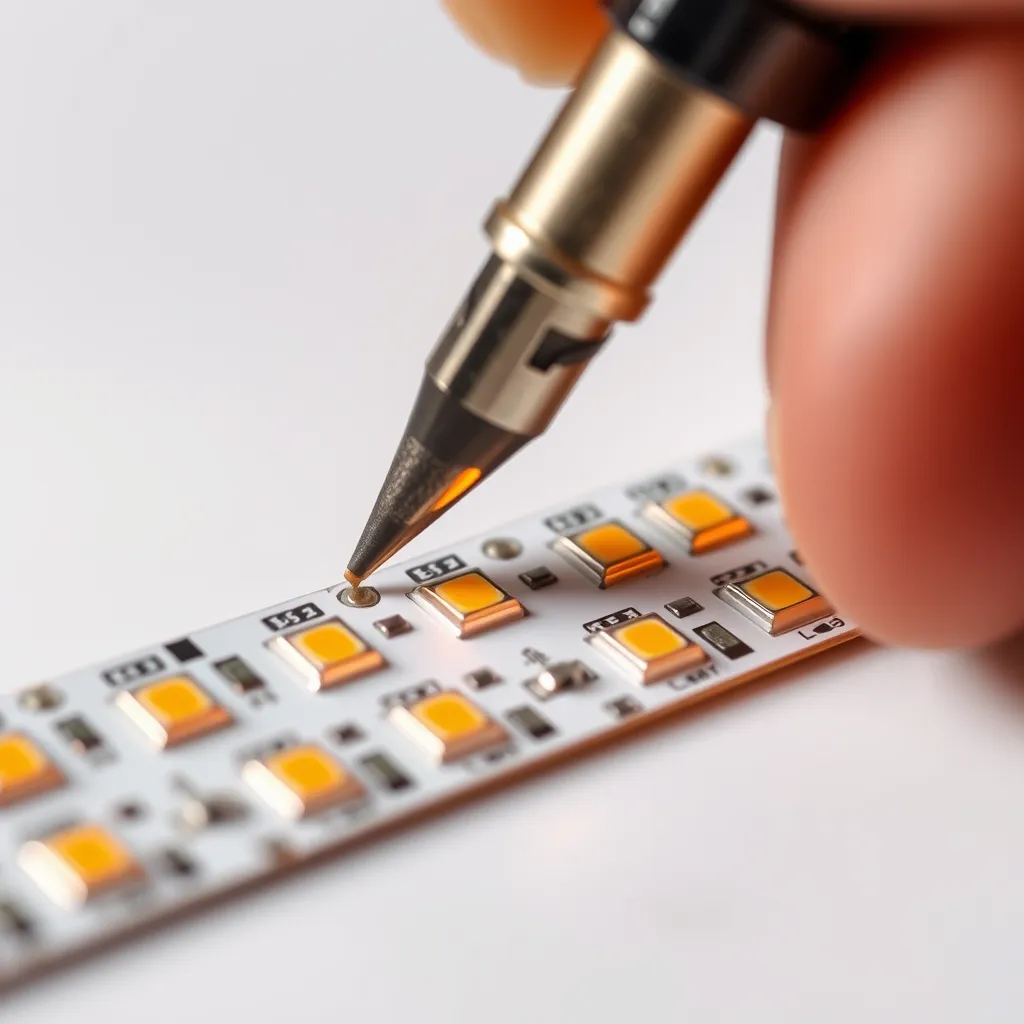 Soldering iron tip touching copper pads on an LED strip