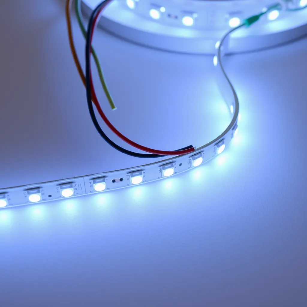 Multi-colored wires connecting two separate LED strip segments