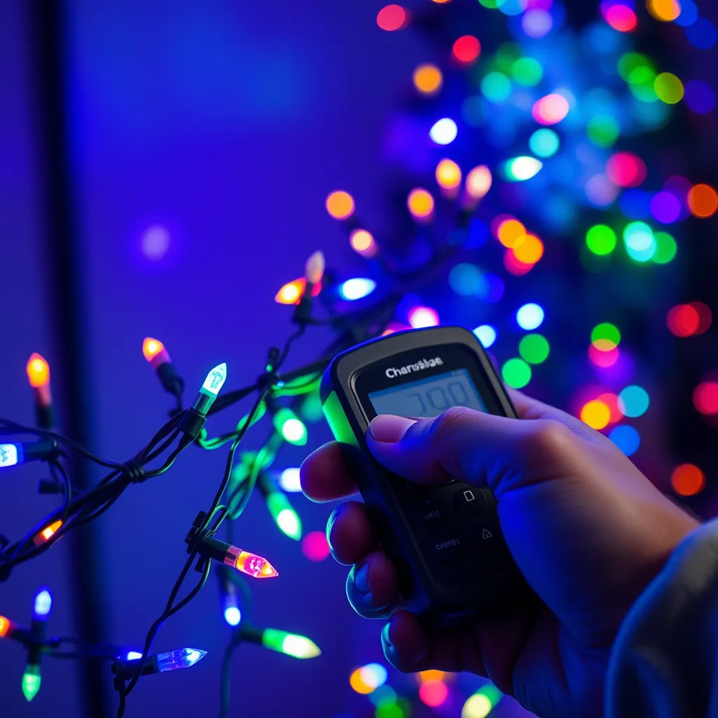 A plastic light tester tool being used on a string of LED lights