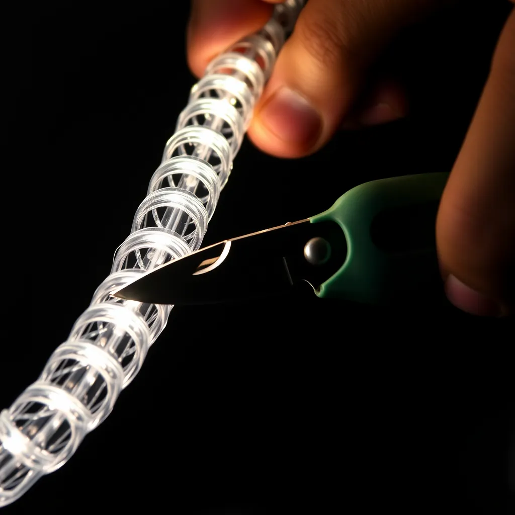 Close-up of a utility knife making a clean cut on a marked rope light