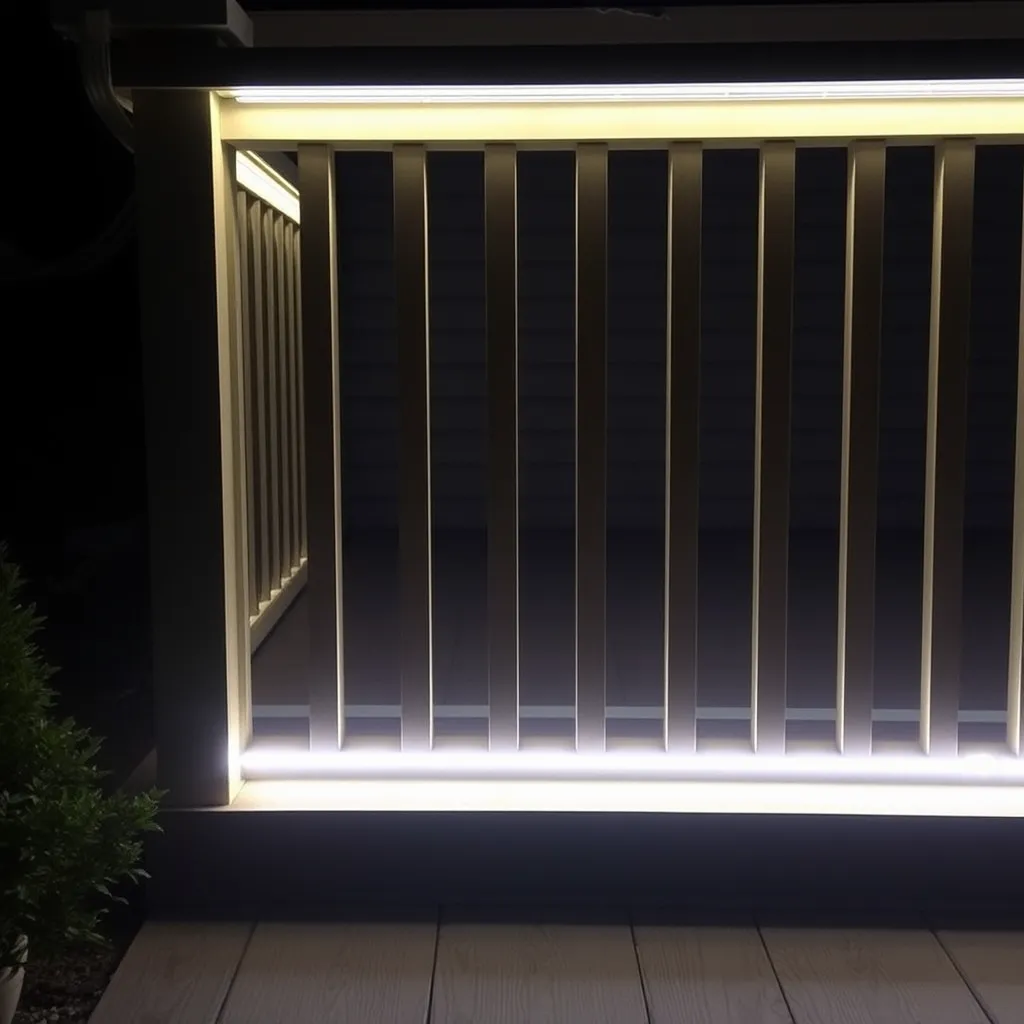 Rope light installed under a wooden deck railing at night