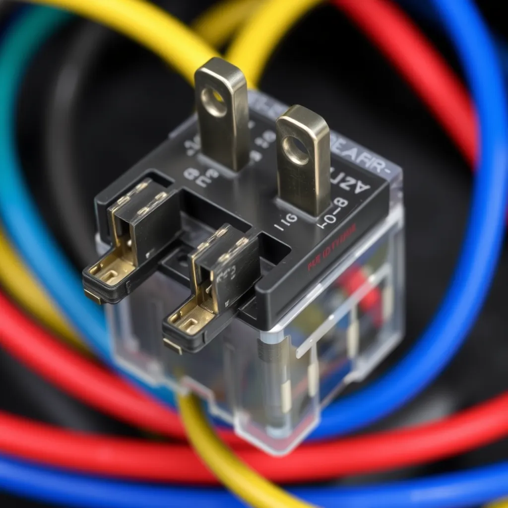 Close-up of an automotive relay and fuse holder for light bar wiring
