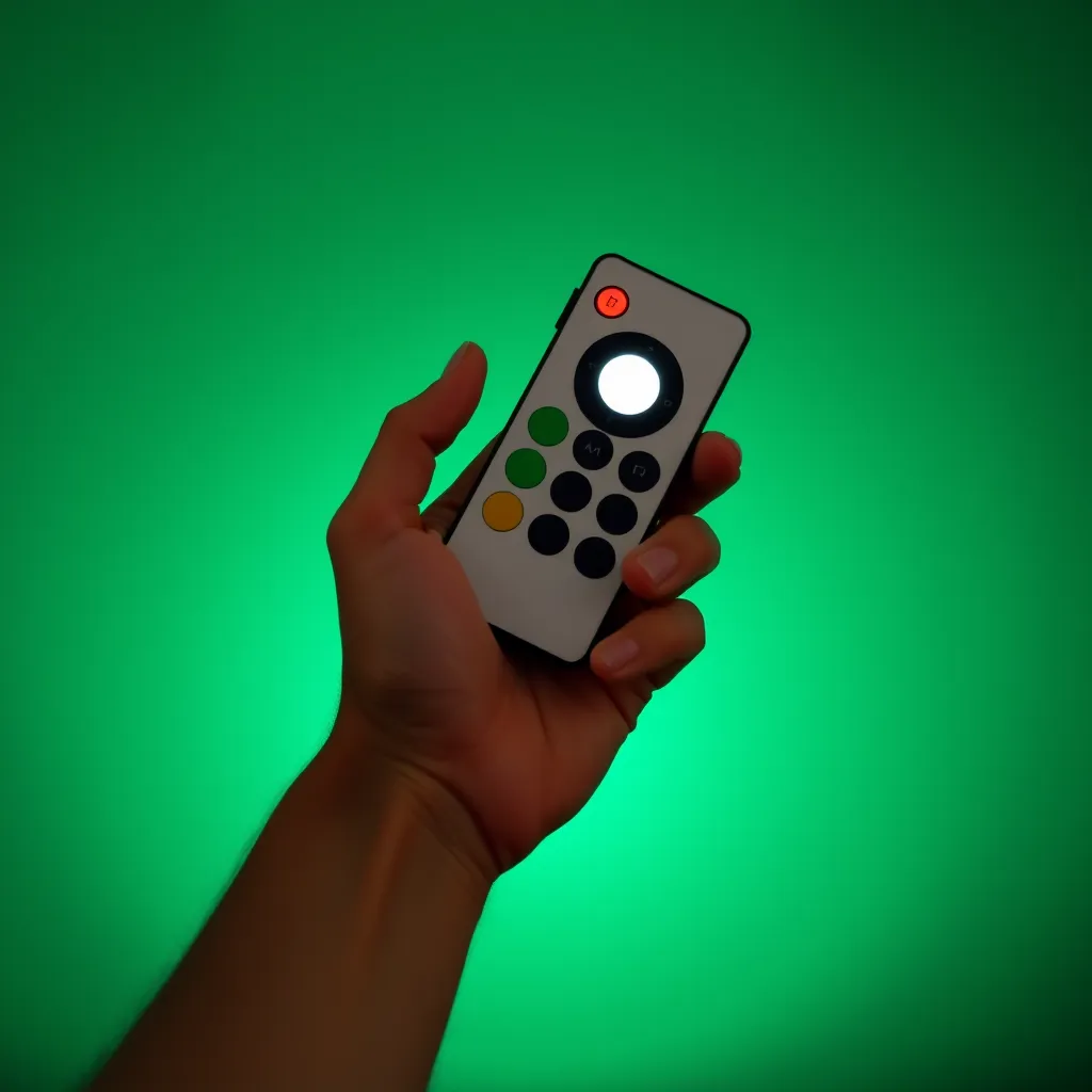 A person holding a standard infrared LED remote control against a dark backdrop.