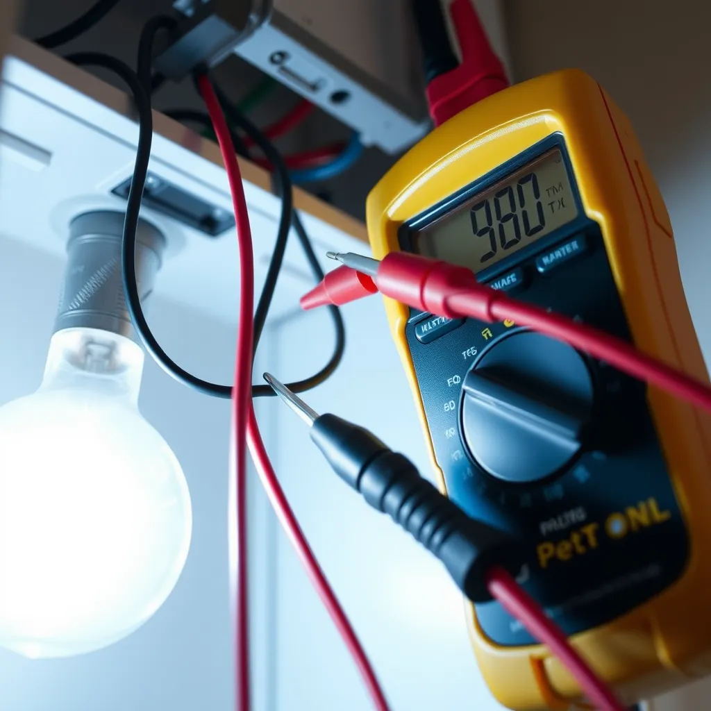 Electrician testing voltage in a light fixture after ballast removal
