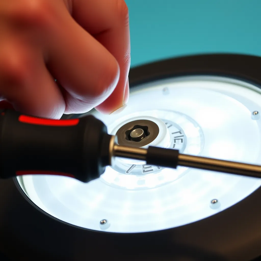 A person using a screwdriver to remove the pilot screw from an underwater pool light