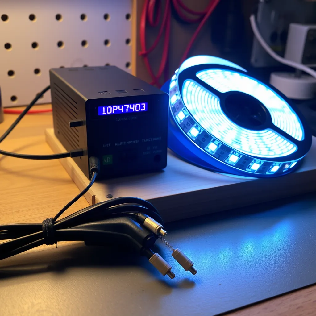 Essential components for LED strip wiring including an LED strip, a DC power supply, and various connectors, arranged on a workbench.