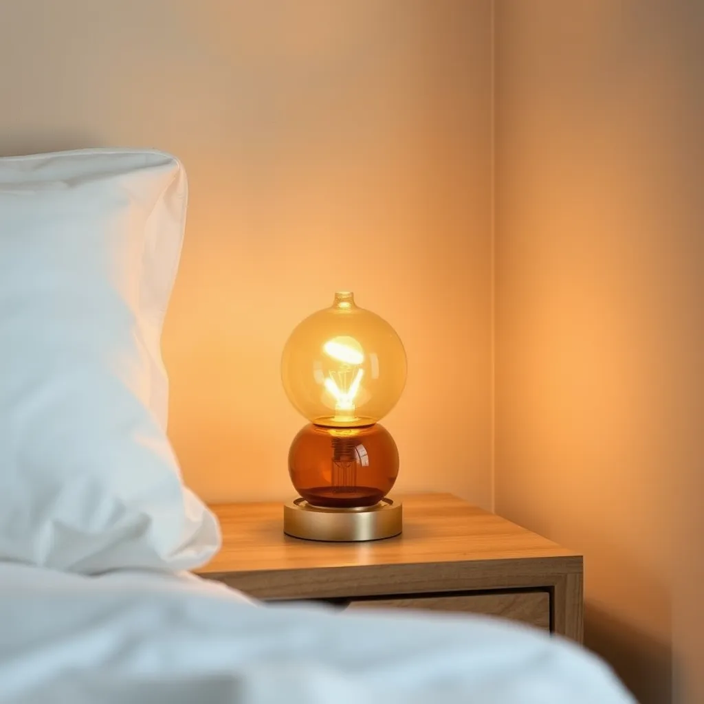 A small bedside lamp with a very warm amber light sitting on a simple wooden table.