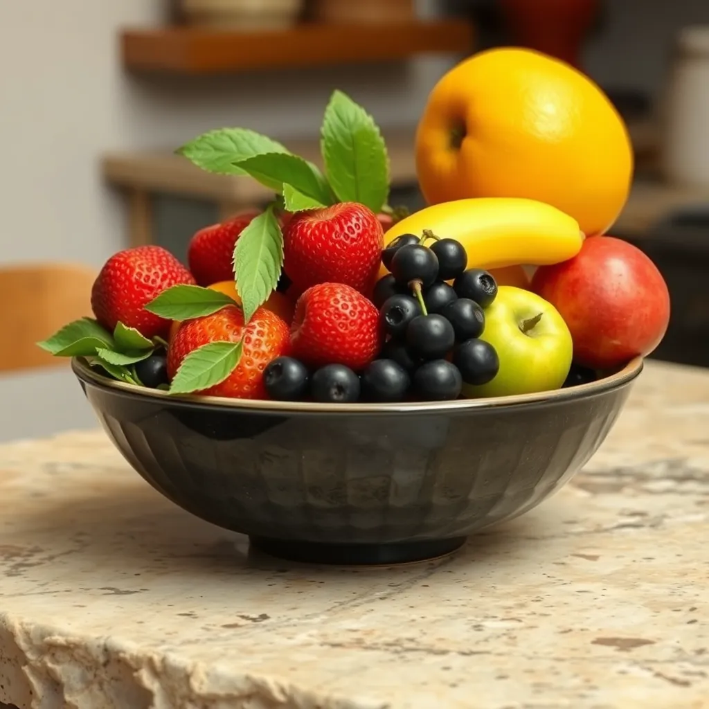 A colorful bowl of fresh fruit illuminated by bright, clear lighting on a stone surface.