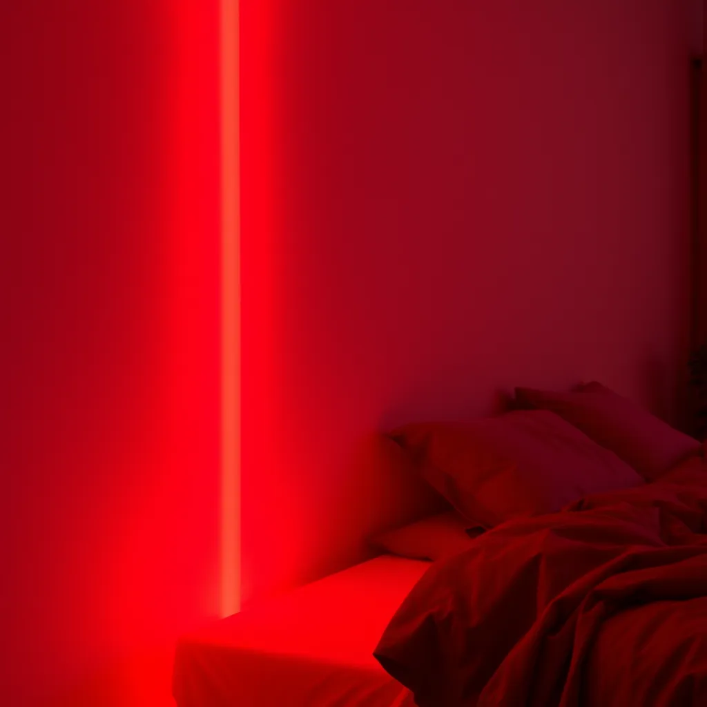 A strip of red LED lights casting a soft glow against a wall.
