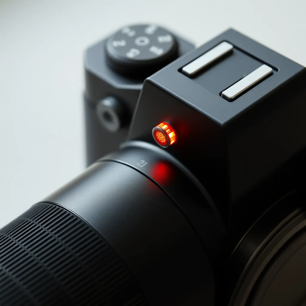 A close-up of a small red recording indicator on a digital camera.