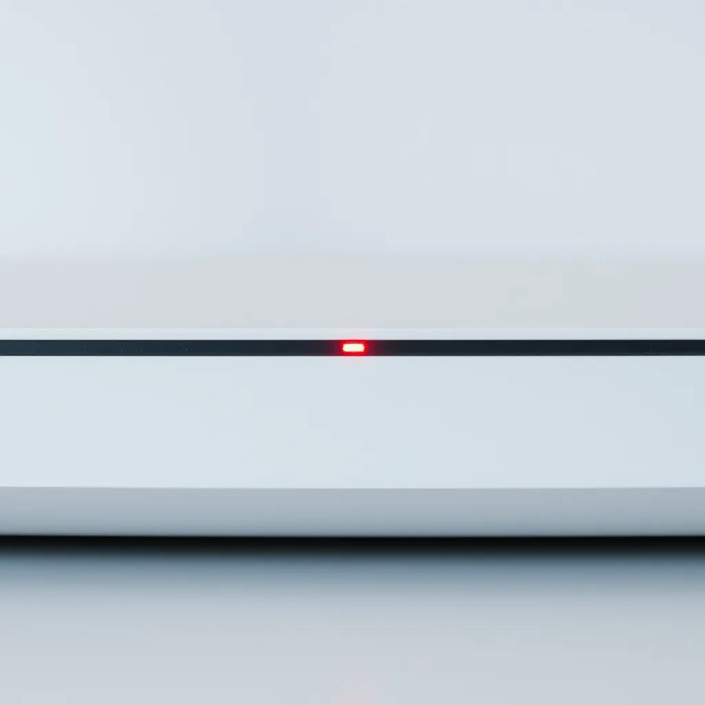 A red error indicator light glowing on a modern white internet router.
