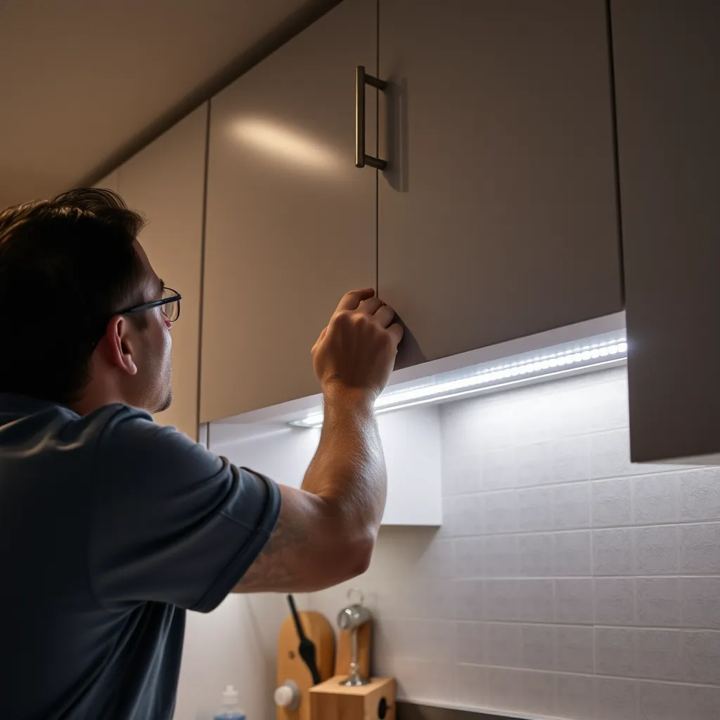 Hands pressing LED strip under cabinet edge