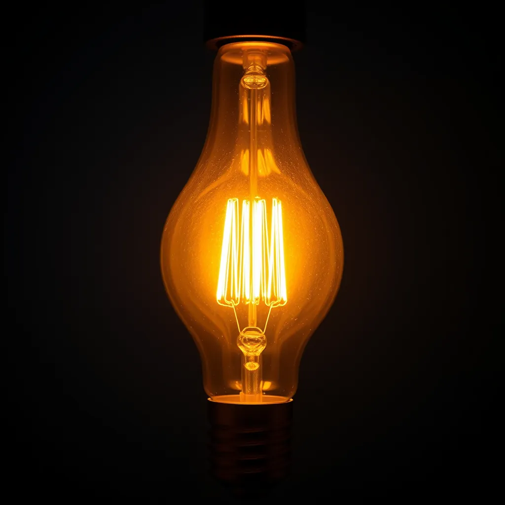 Detailed view of the glowing orange filaments inside a clear glass LED bulb