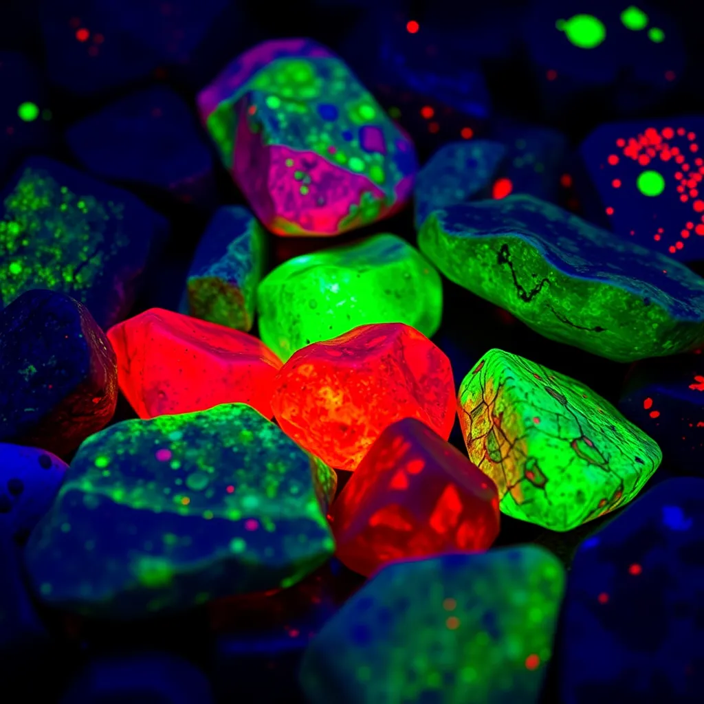 Fluorescent minerals glowing under ultraviolet light in a dark setting
