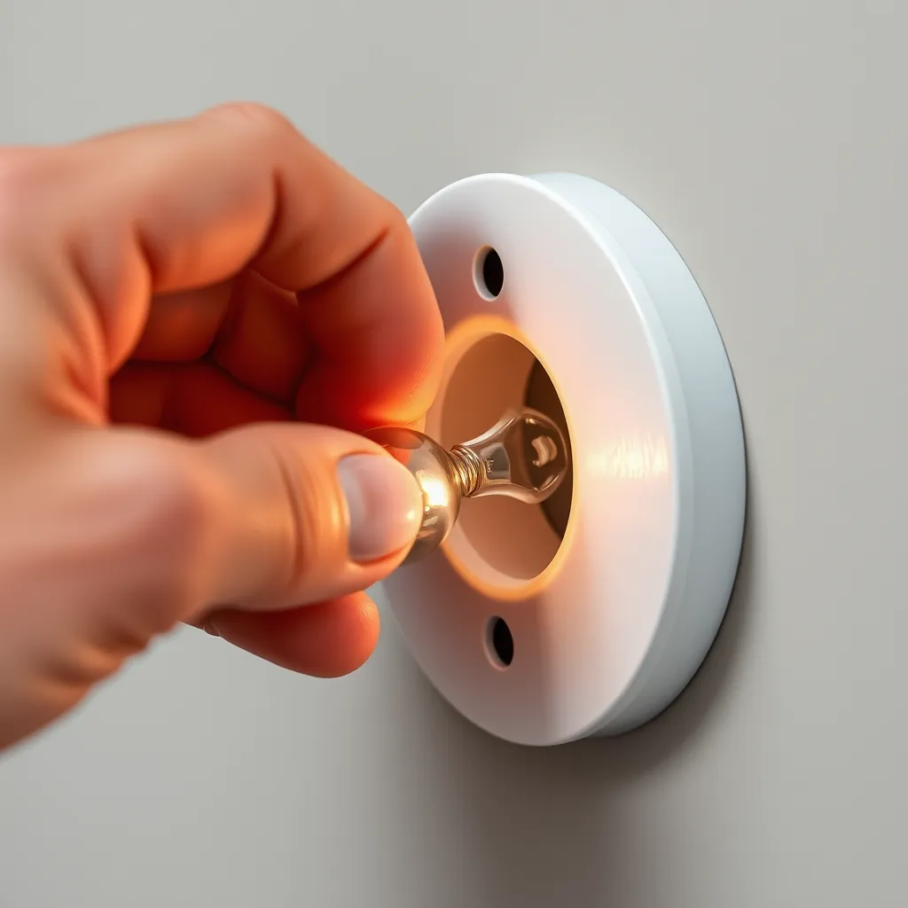 A hand tightening an LED light bulb into a light fixture socket