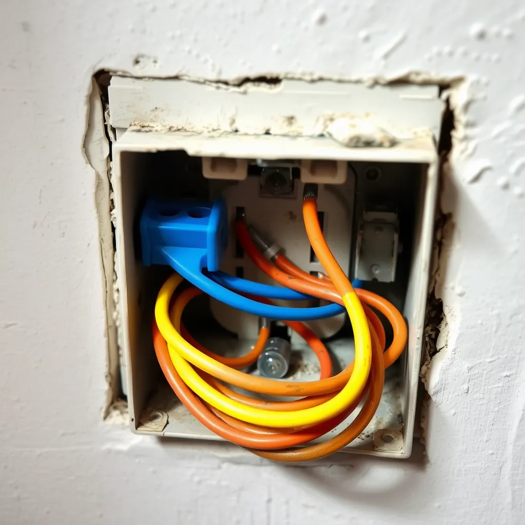 Internal view of electrical wiring inside a wall box.